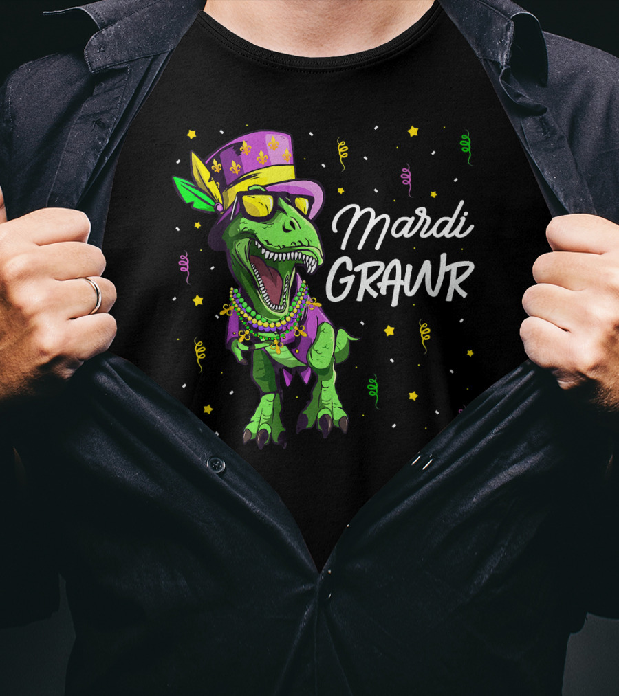 Mardi Grawr T-Rex Dinosaur Mardi Gras Beads And Hat T-Shirt