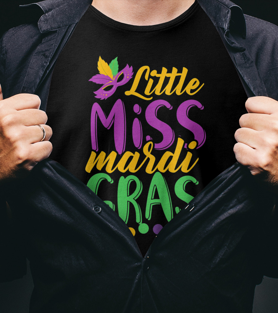 Little Miss Mardi Gras Funny Mardi Mask Feathers Colorful Dots T-Shirt
