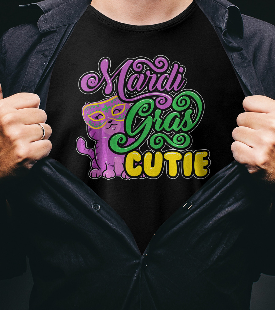 Mardi Gras Cutie Girls Parade Cute Novel Cat With Mask T-Shirt