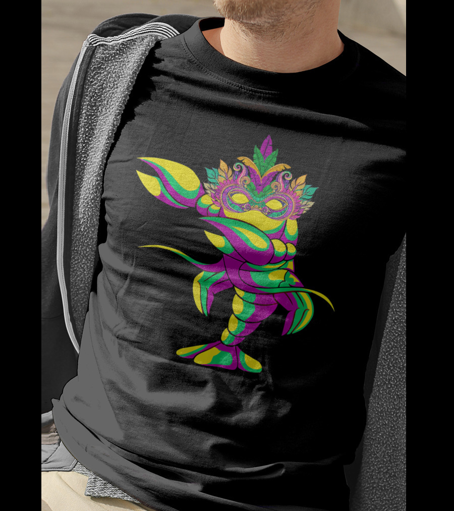 Dabbing Crawfish With Colorful Mardi Gras Mask And Feathers T-Shirt