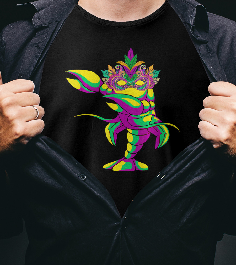 Dabbing Crawfish With Colorful Mardi Gras Mask And Feathers T-Shirt
