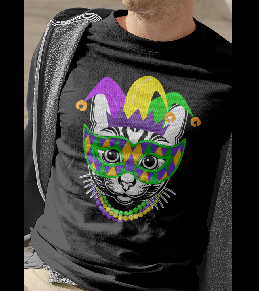 Mardi Gras Cat Jester Mask Beads Kitty Lovers T-Shirt