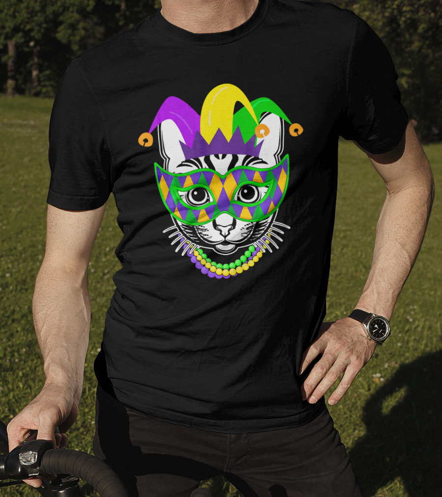 Mardi Gras Cat Jester Mask Beads Kitty Lovers T-Shirt