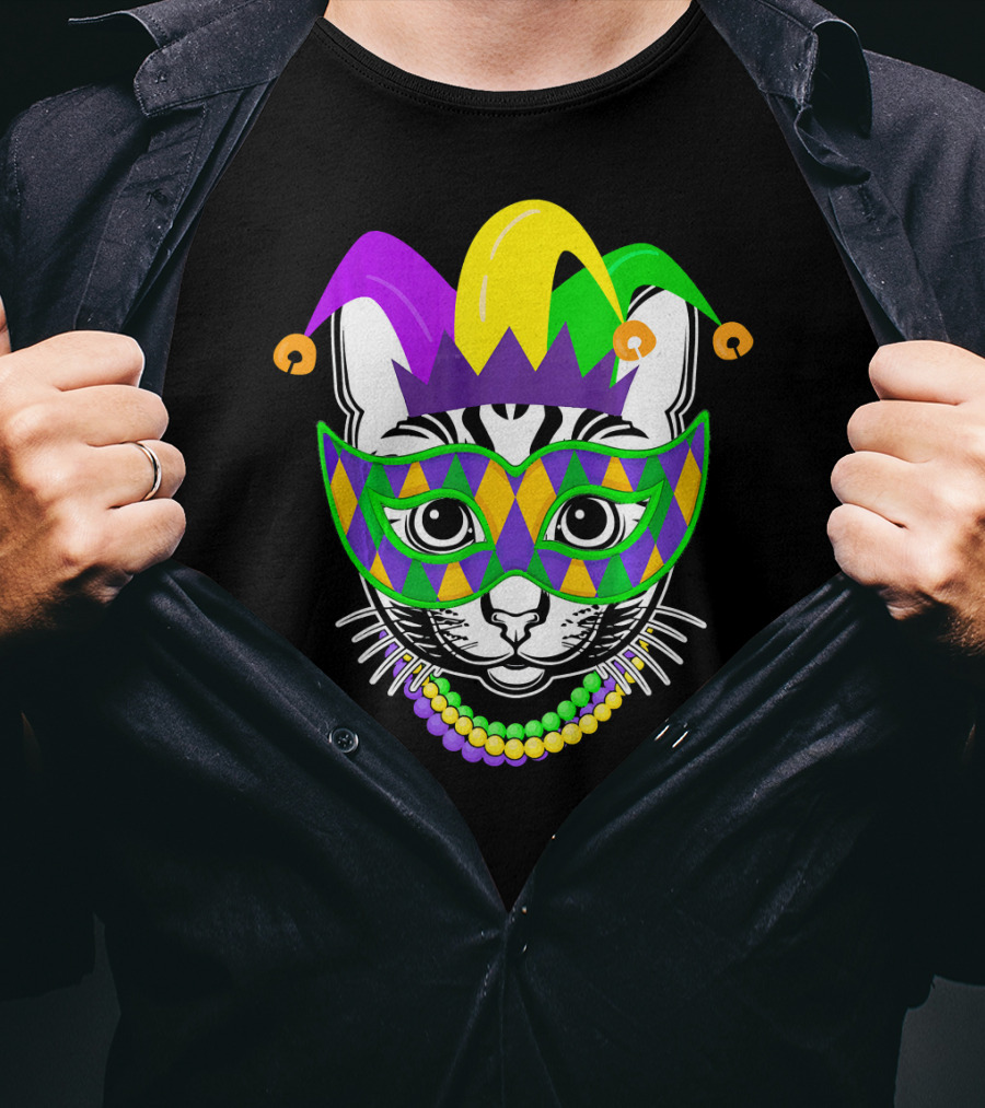 Mardi Gras Cat Jester Mask Beads Kitty Lovers T-Shirt