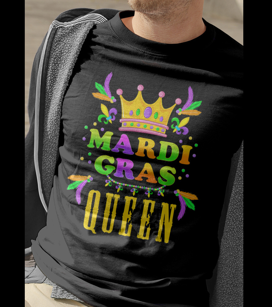 Mardi Gras Queen Colorful Crown Fleur-de-Lis Feathers T-Shirt