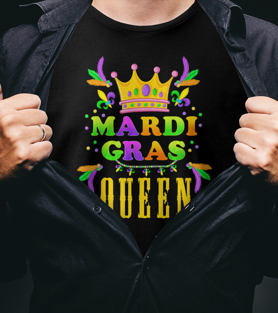Mardi Gras Queen Colorful Crown Fleur-de-Lis Feathers T-Shirt