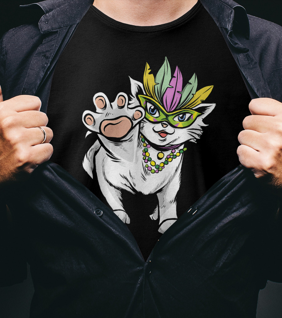 White Cat Mardi Gras Good Luck And Happiness T-Shirt