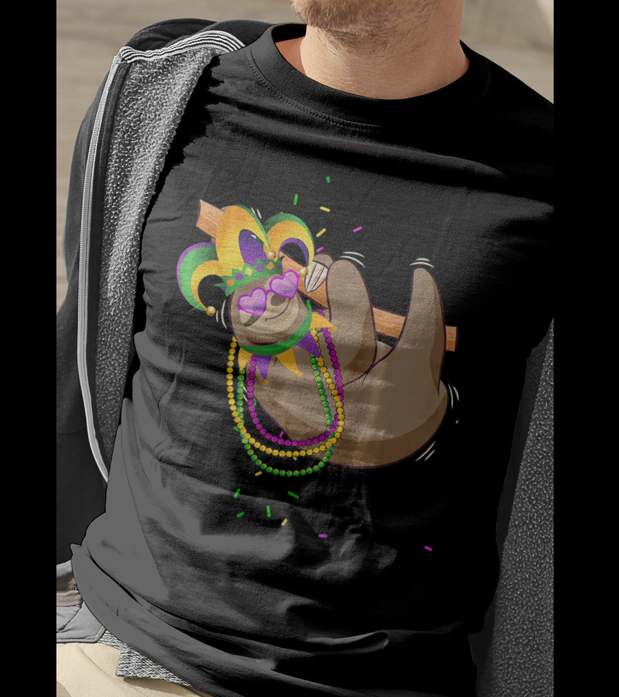 Mardi Gras Sloth Wearing Colorful Beads And Jester Mask T-Shirt