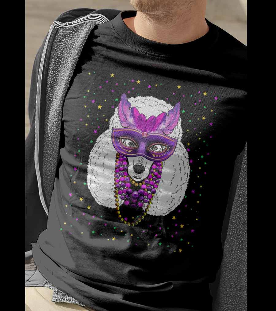 Mardi Gras Poodle With Funny Beads And Masquerade Mask T-Shirt