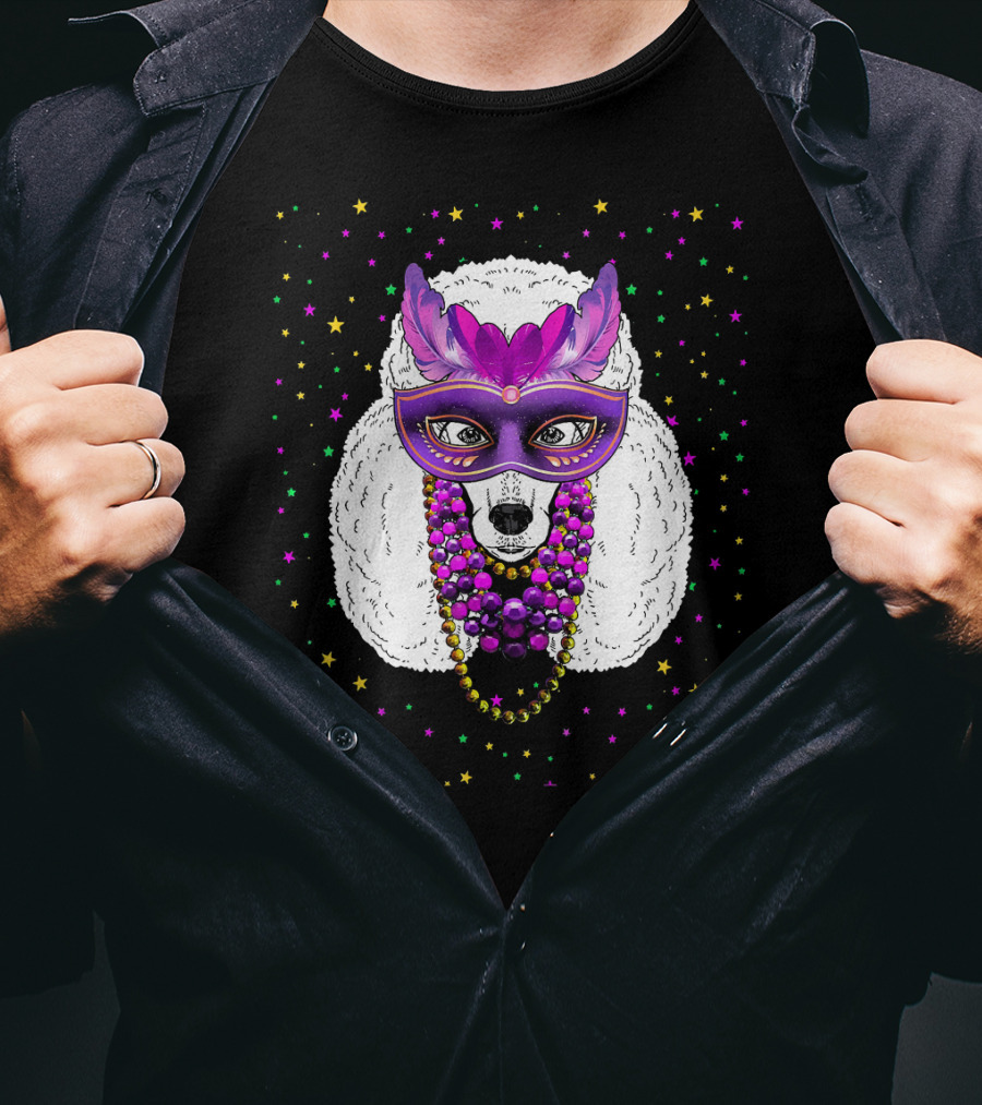 Mardi Gras Poodle With Funny Beads And Masquerade Mask T-Shirt