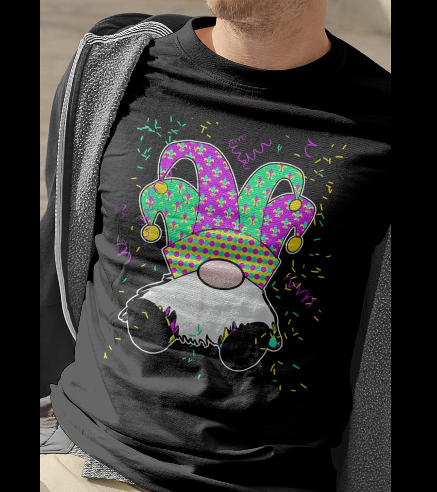 Cute Mardi Gras Gnome Jester Hat Fleur De Lis Fun Confetti T-Shirt