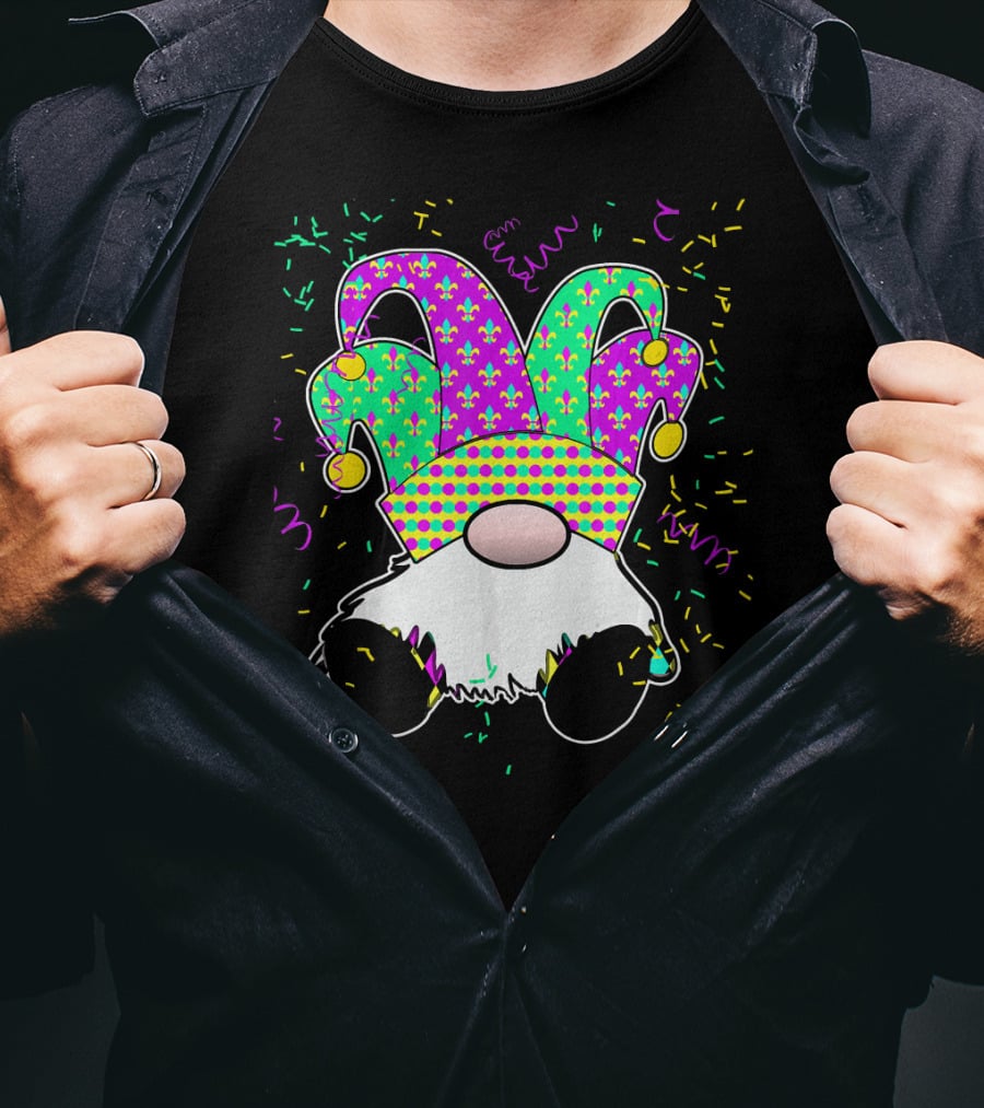 Cute Mardi Gras Gnome Jester Hat Fleur De Lis Fun Confetti T-Shirt