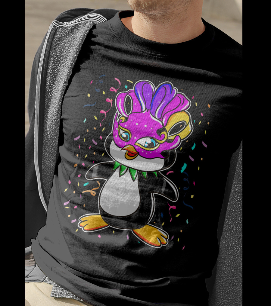 Penguin Mardi Gras Lover Funny Masquerade Festive Confetti T-Shirt