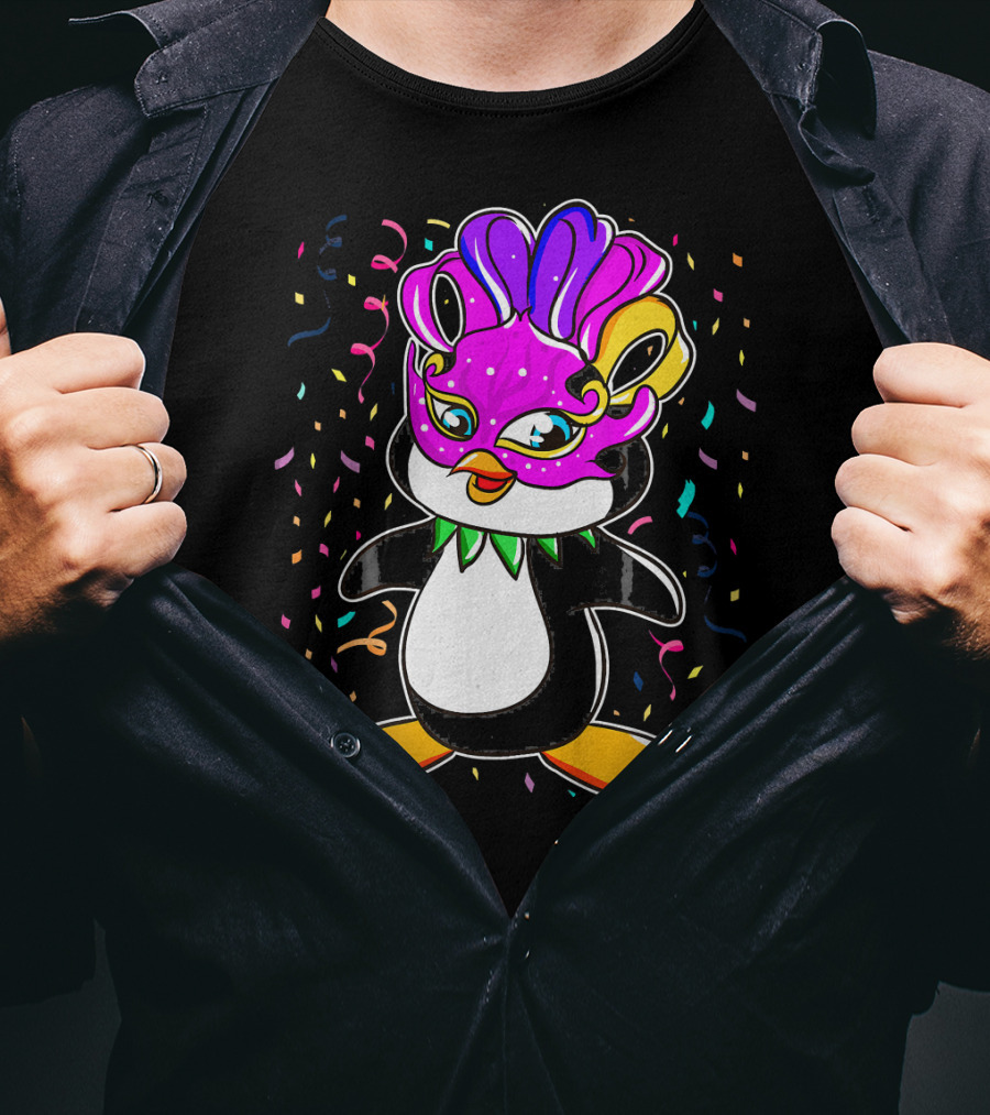 Penguin Mardi Gras Lover Funny Masquerade Festive Confetti T-Shirt