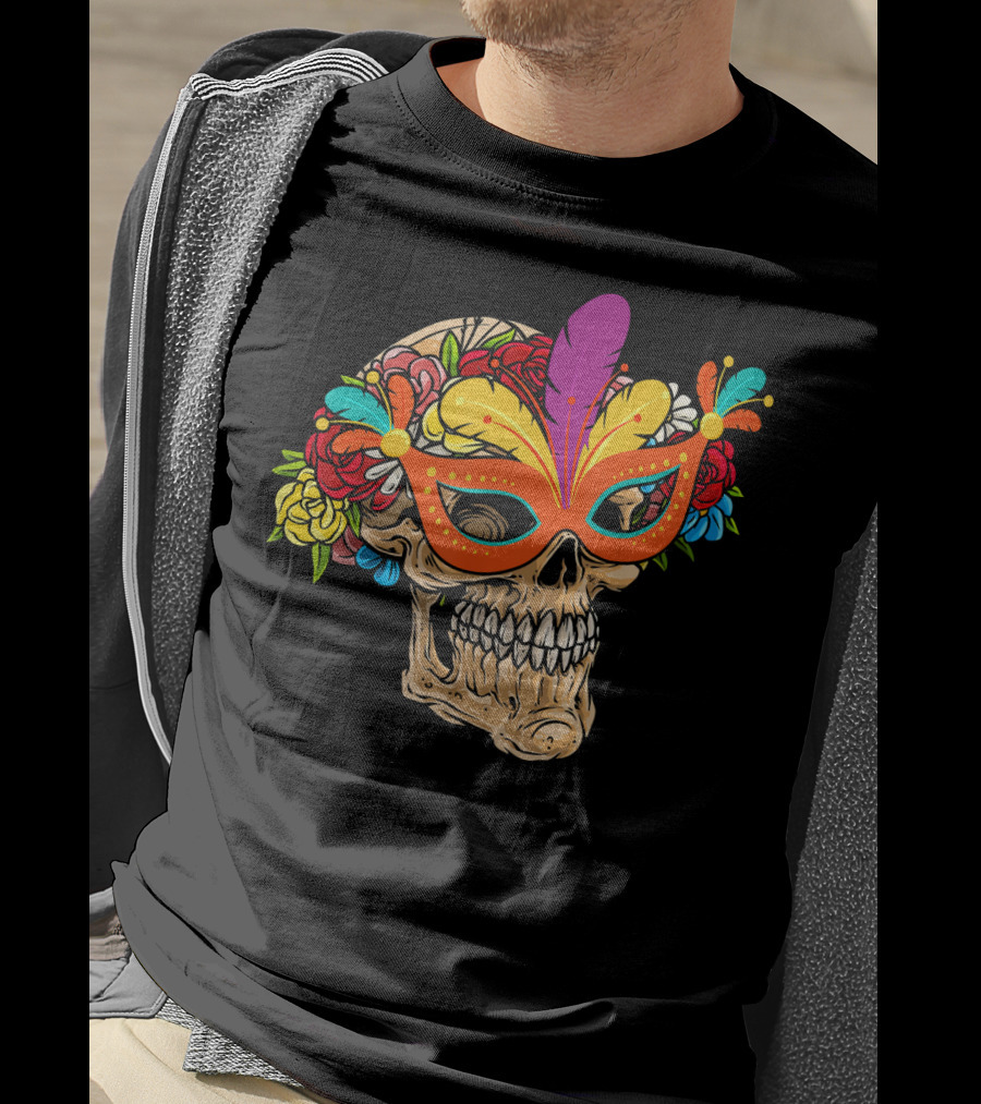 Mardi Gras Skull Mask With Colorful Floral Jester Hat T-Shirt