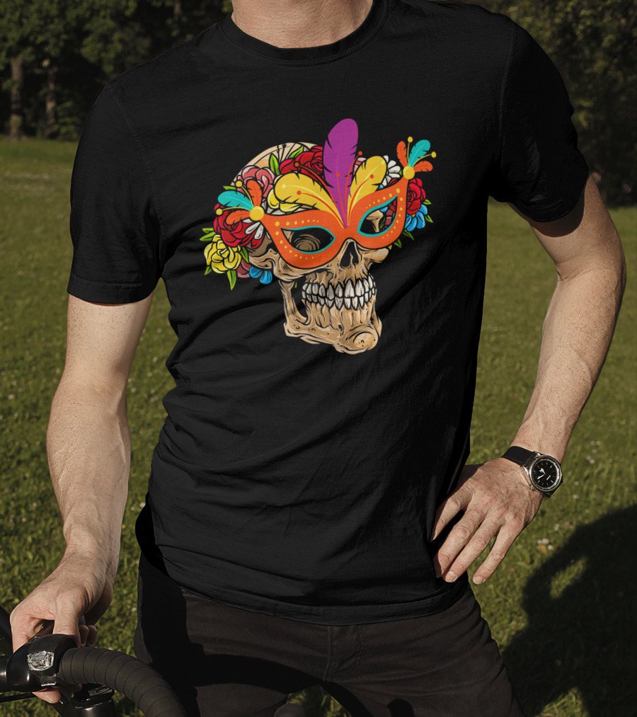 Mardi Gras Skull Mask With Colorful Floral Jester Hat T-Shirt
