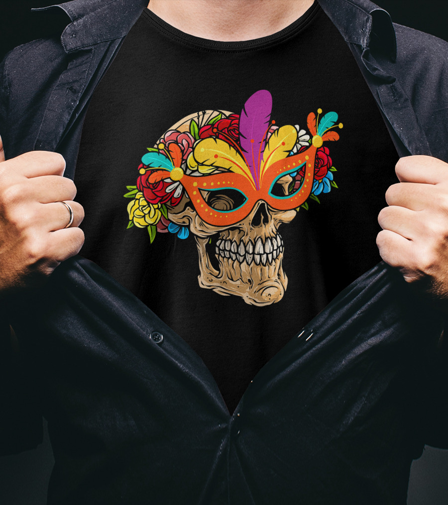 Mardi Gras Skull Mask With Colorful Floral Jester Hat T-Shirt