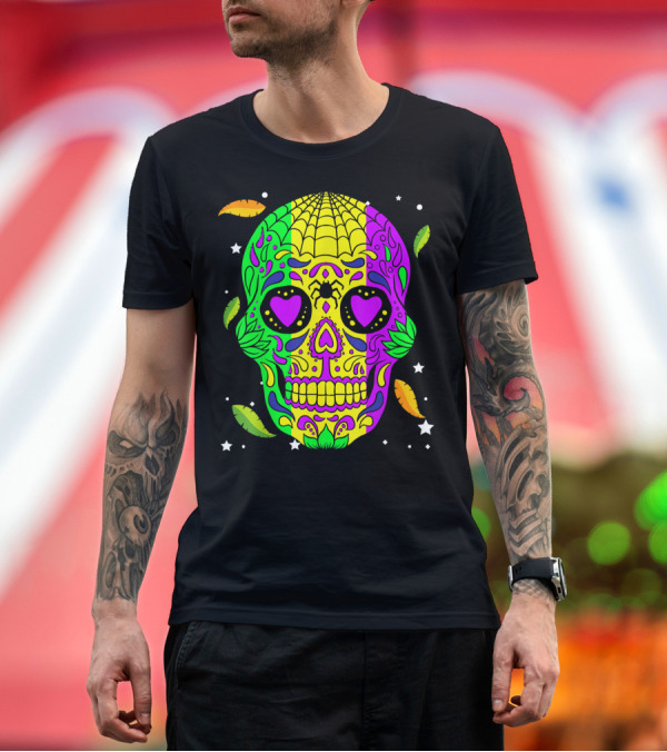 Premium T-Shirt: Mardi Gras Skull Jester Hat Colorful Feather T-Shirt Mardi Gras Skull Jester Hat Colorful Feather T-Shirt