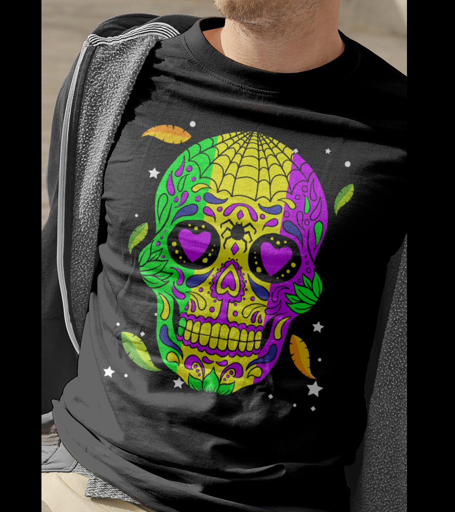 Mardi Gras Skull Jester Hat Colorful Feather T-Shirt