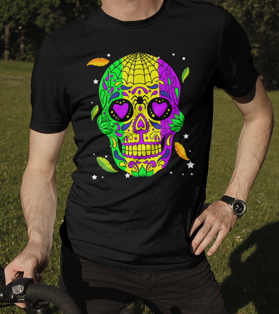Mardi Gras Skull Jester Hat Colorful Feather T-Shirt