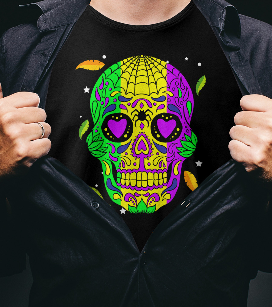 Mardi Gras Skull Jester Hat Colorful Feather T-Shirt