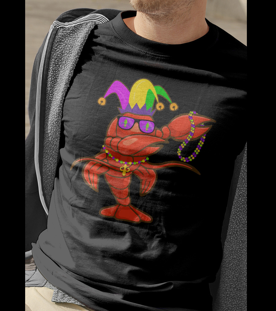 Jester Hat Crawfish Dabbing With Mardi Gras Beads Party T-Shirt