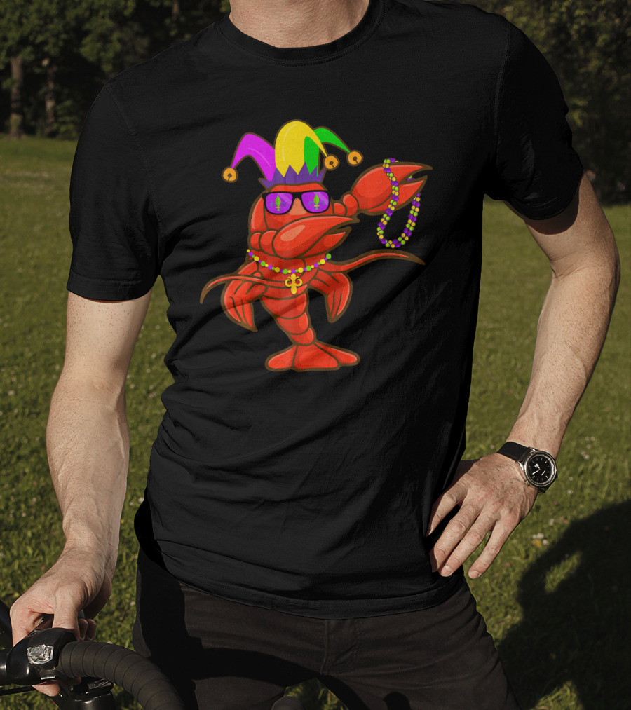 Jester Hat Crawfish Dabbing With Mardi Gras Beads Party T-Shirt