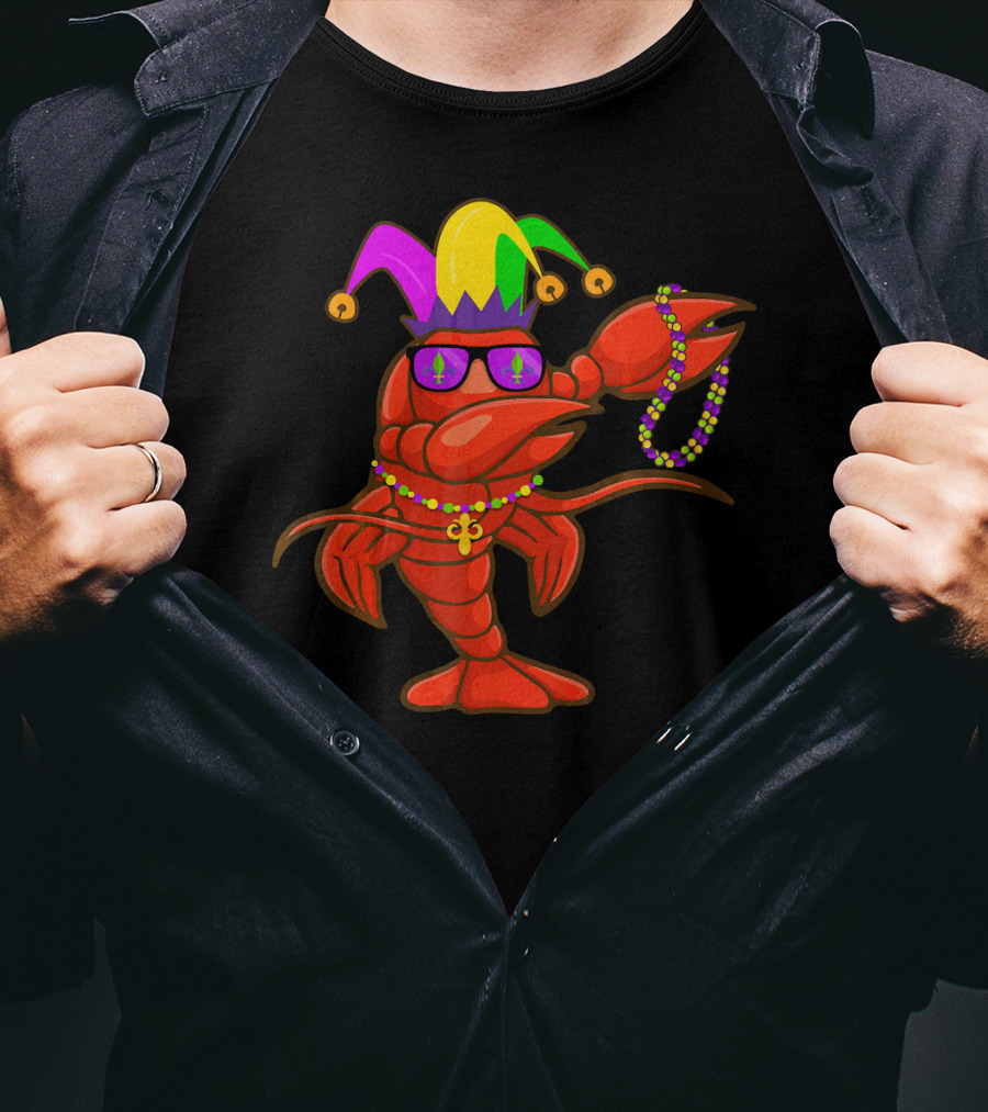 Jester Hat Crawfish Dabbing With Mardi Gras Beads Party T-Shirt