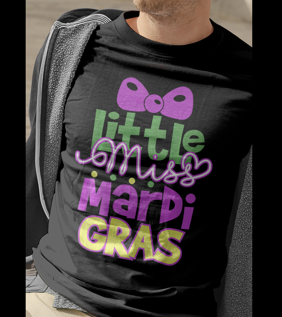 Little Miss Mardi Gras Bow Colorful Letters T-Shirt