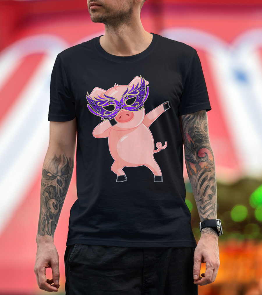 Mardi Gras Pig with Purple Mask Dabbing T-Shirt