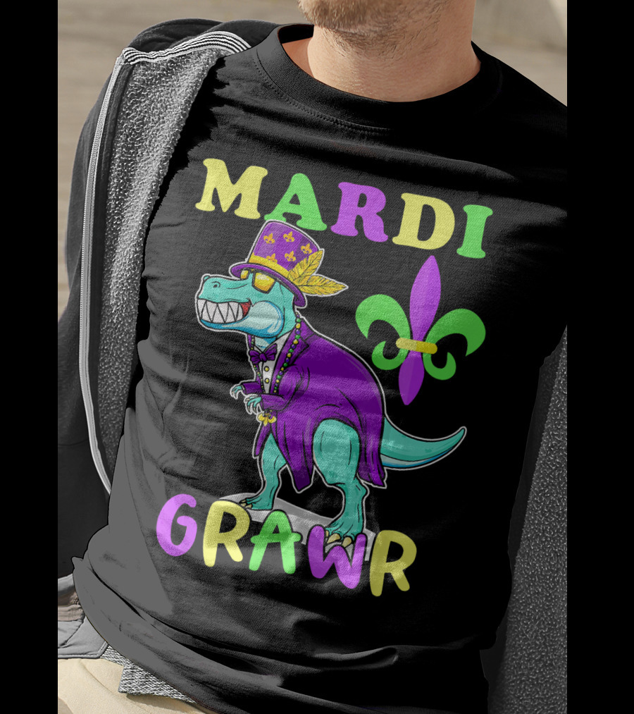 Mardi Grawr Dinosaur Rex New Orleans Fleur De Lis T-Shirt