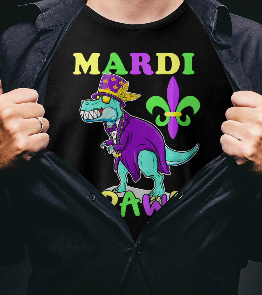 Mardi Grawr Dinosaur Rex New Orleans Fleur De Lis T-Shirt