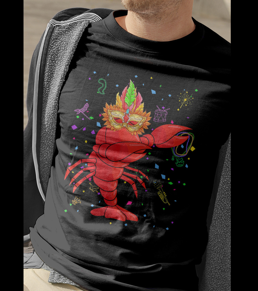 Dabbing Lobster With Mardi Gras Mask And Beads Confetti T-Shirt