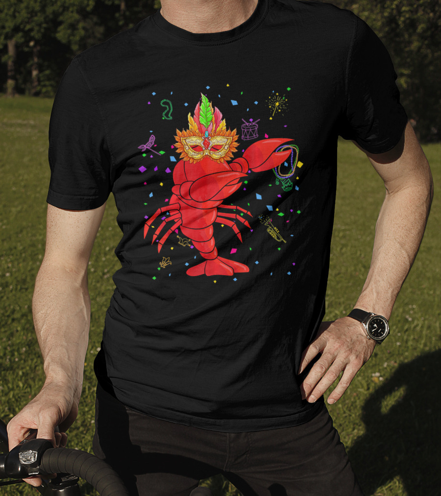 Dabbing Lobster With Mardi Gras Mask And Beads Confetti T-Shirt