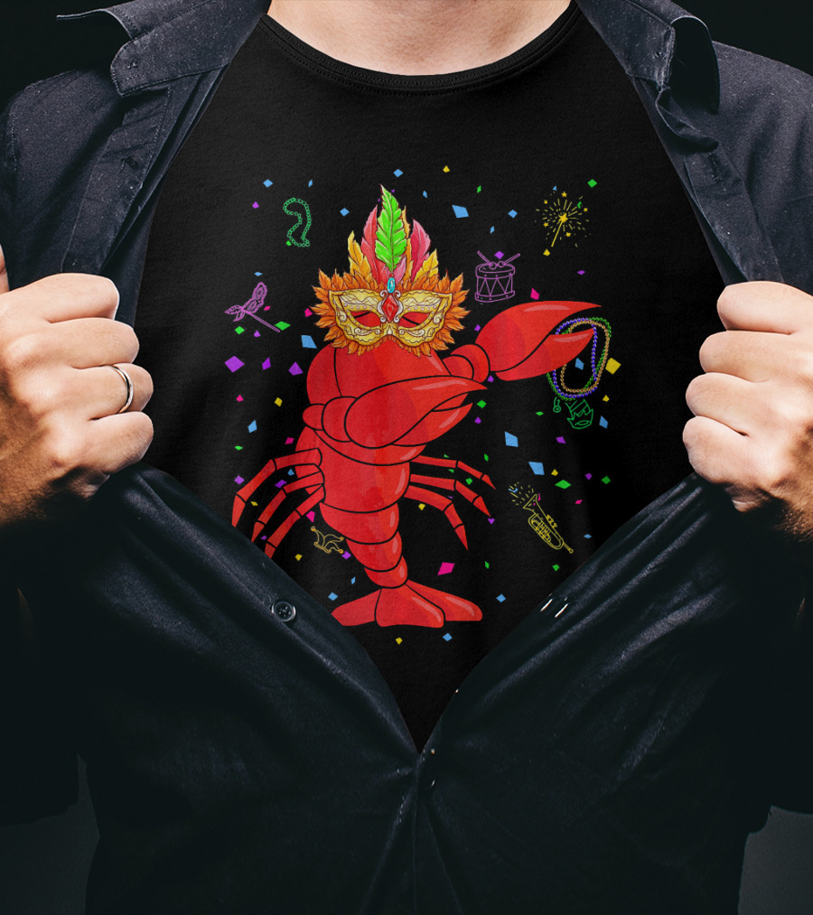 Dabbing Lobster With Mardi Gras Mask And Beads Confetti T-Shirt