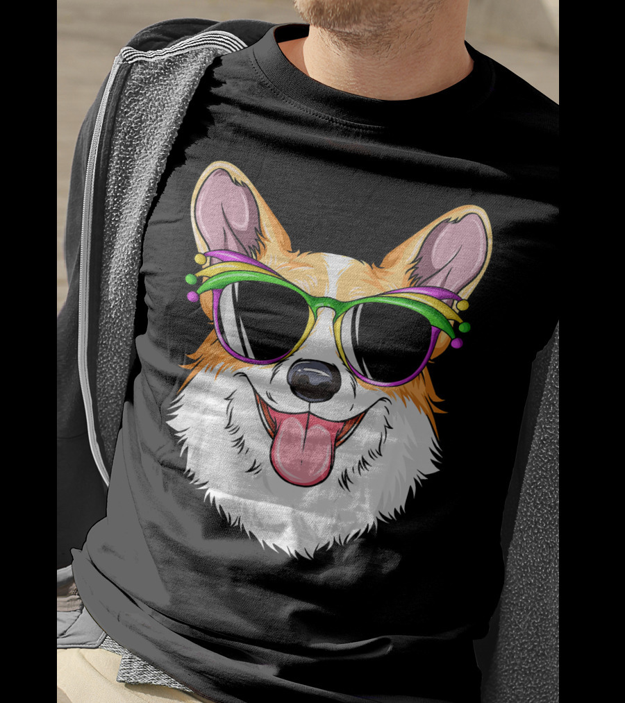 Mardi Gras Corgi With Carnival Mask And Glasses T-Shirt