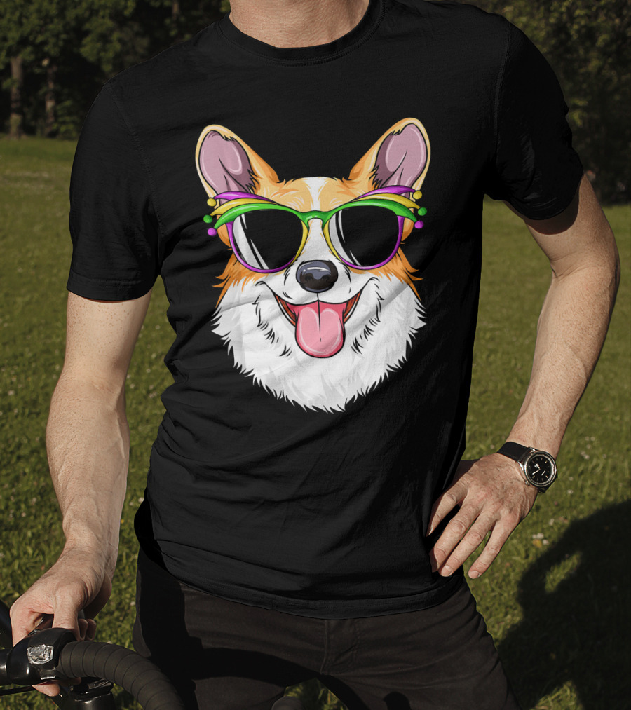 Mardi Gras Corgi With Carnival Mask And Glasses T-Shirt