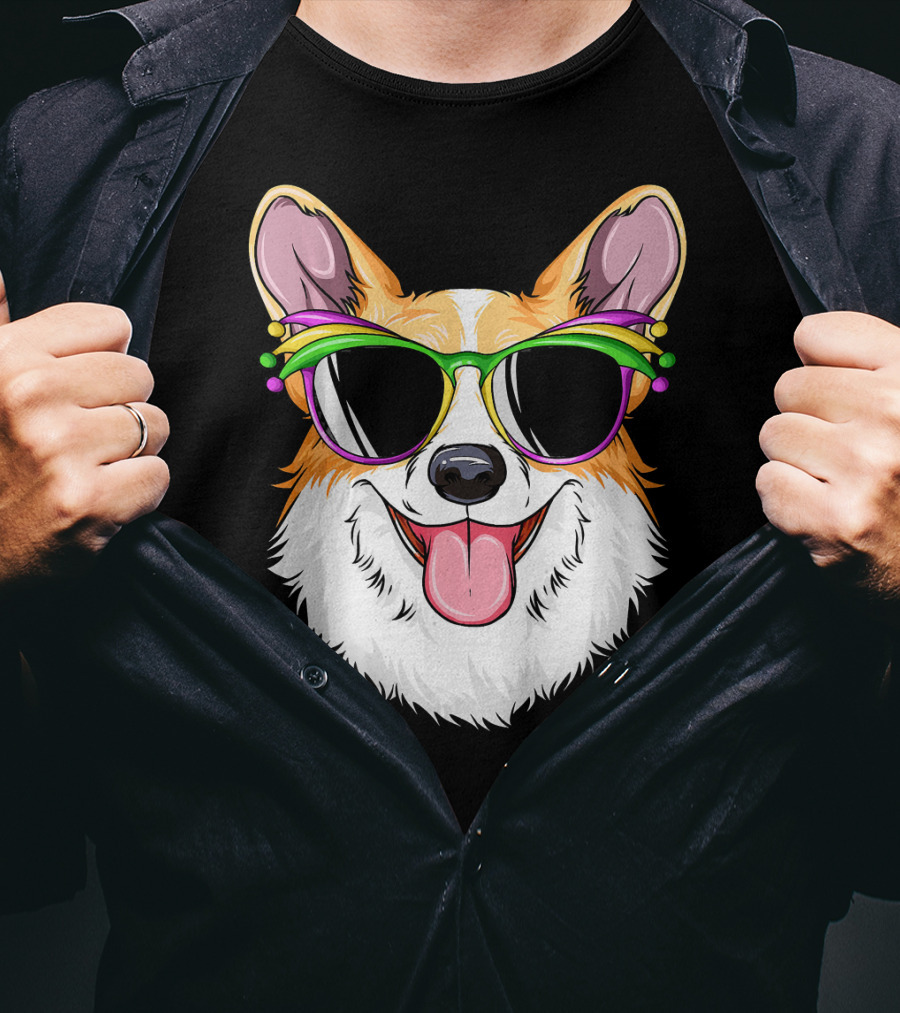 Mardi Gras Corgi With Carnival Mask And Glasses T-Shirt