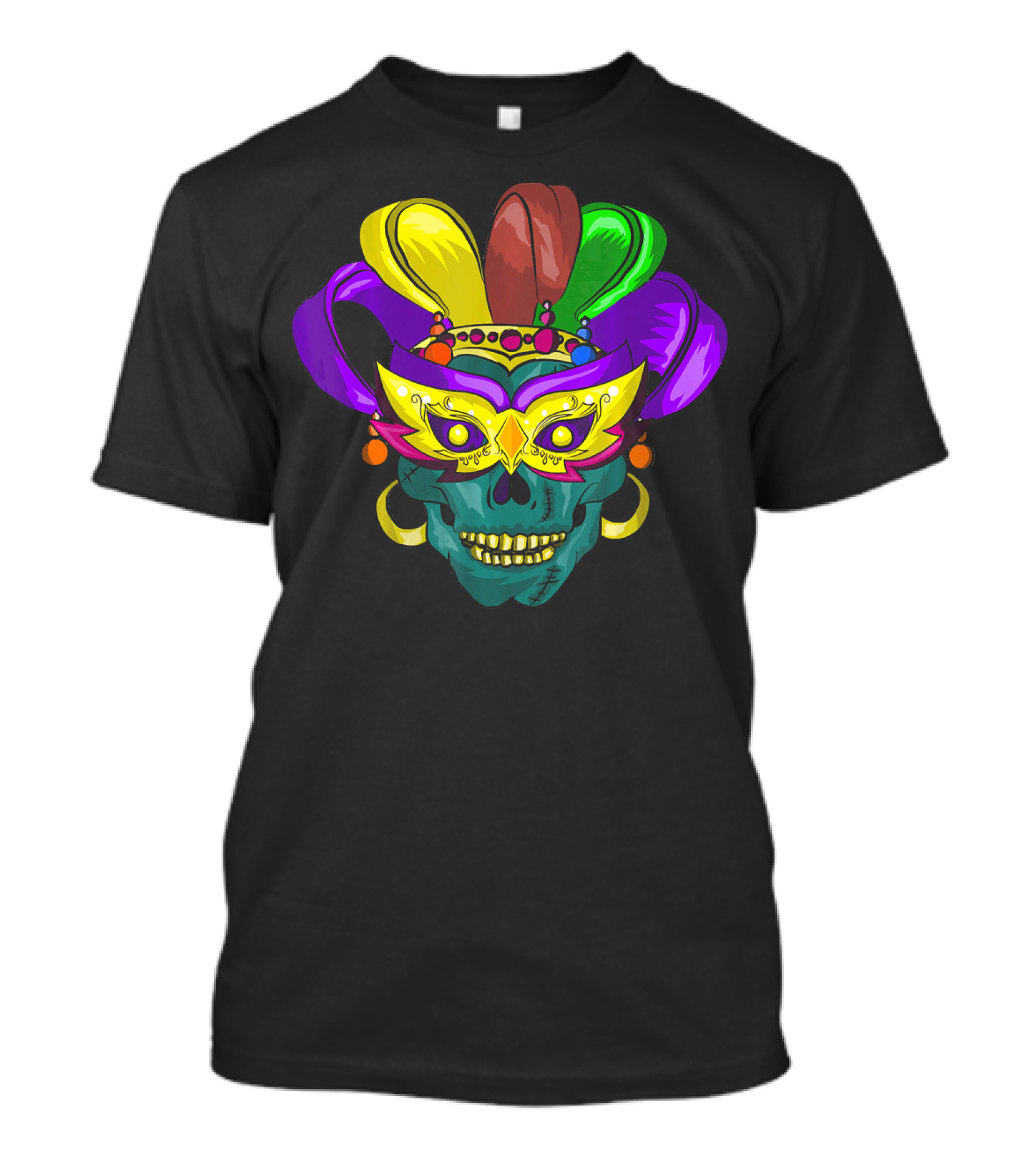 Mardi Gras Sugar Skull Colorful Mask Feather Parade Costume T-Shirt