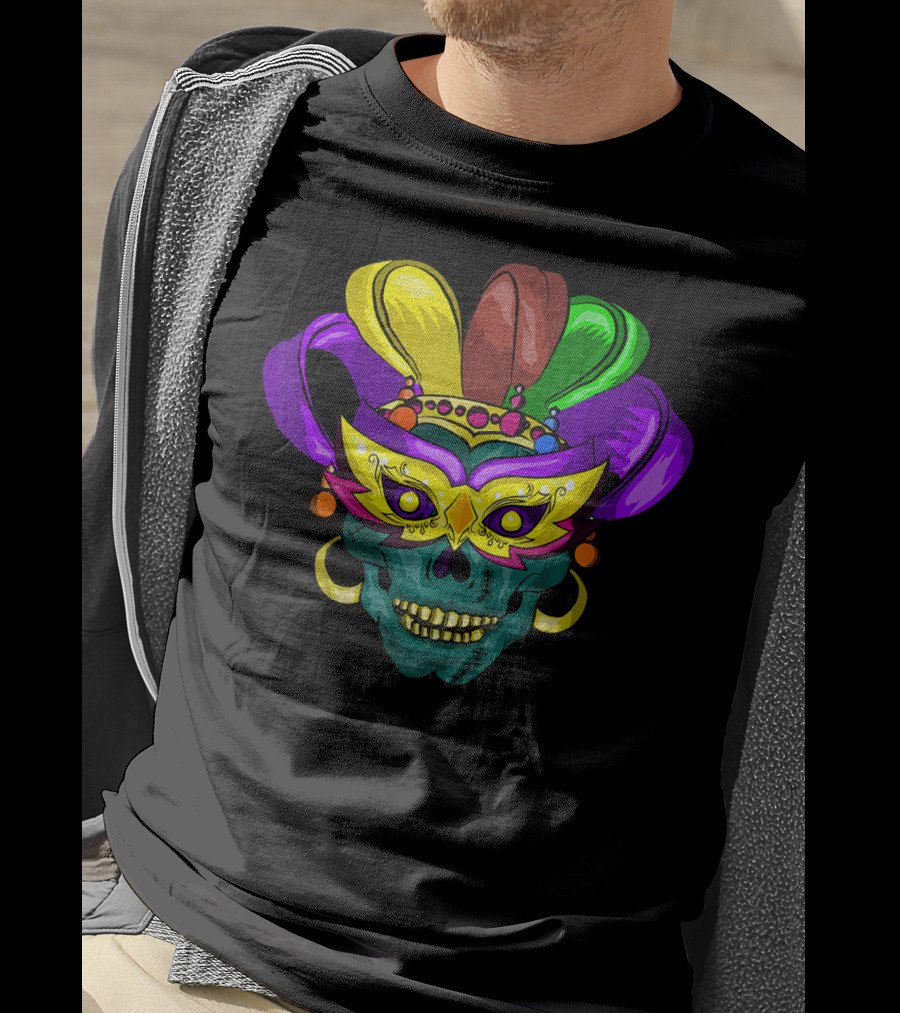 Mardi Gras Sugar Skull Colorful Mask Feather Parade Costume T-Shirt
