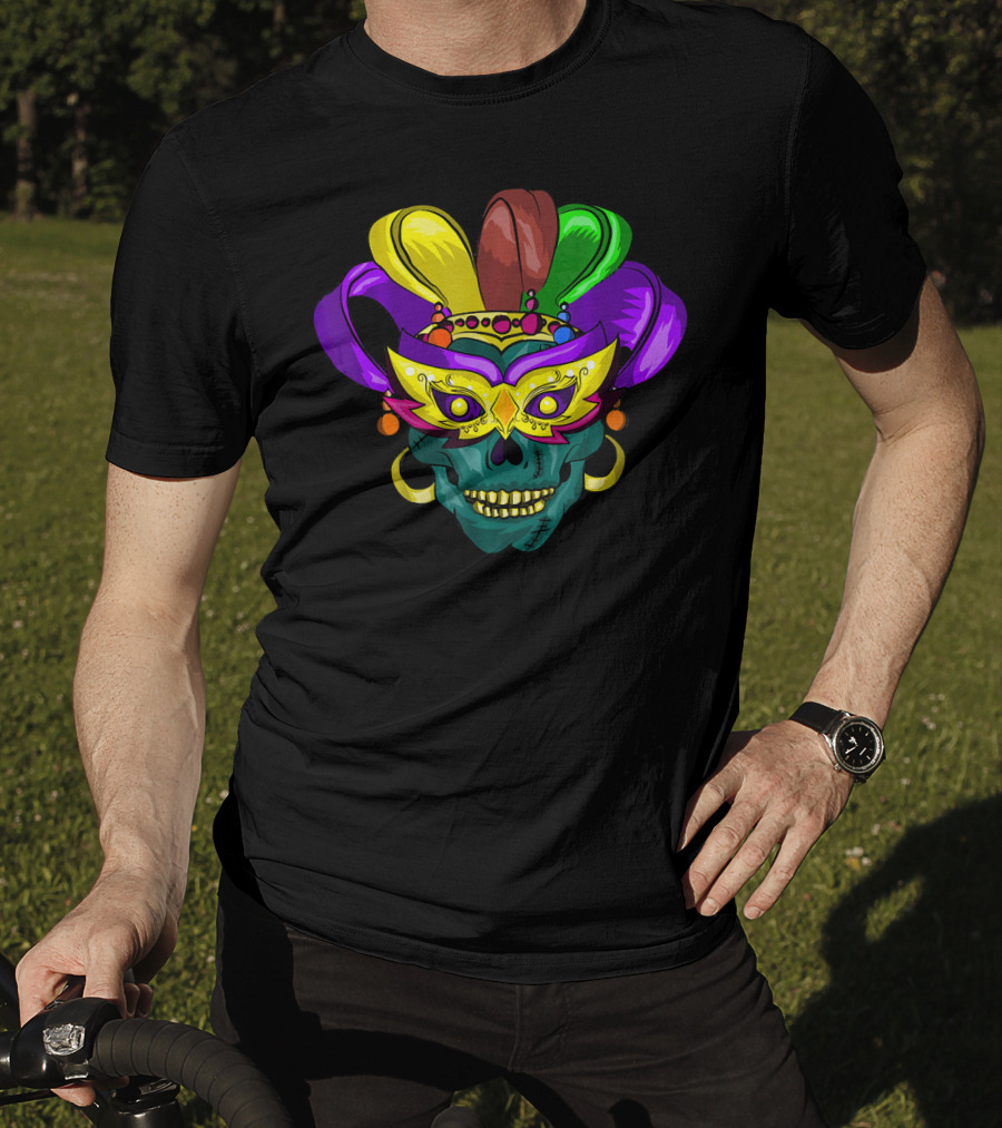 Mardi Gras Sugar Skull Colorful Mask Feather Parade Costume T-Shirt