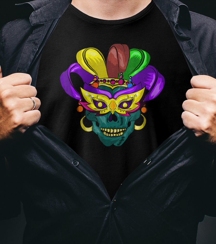 Mardi Gras Sugar Skull Colorful Mask Feather Parade Costume T-Shirt