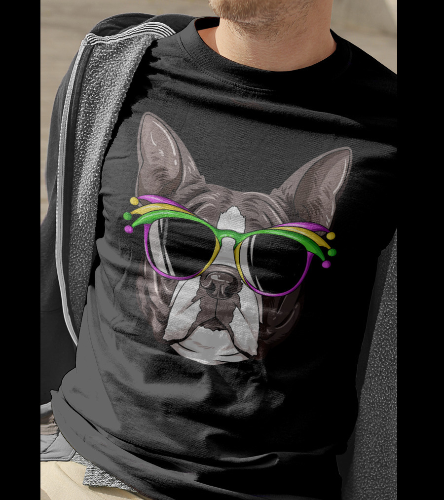 Boston Terrier With Colorful Mardi Gras Carnival Mask Glasses T-Shirt