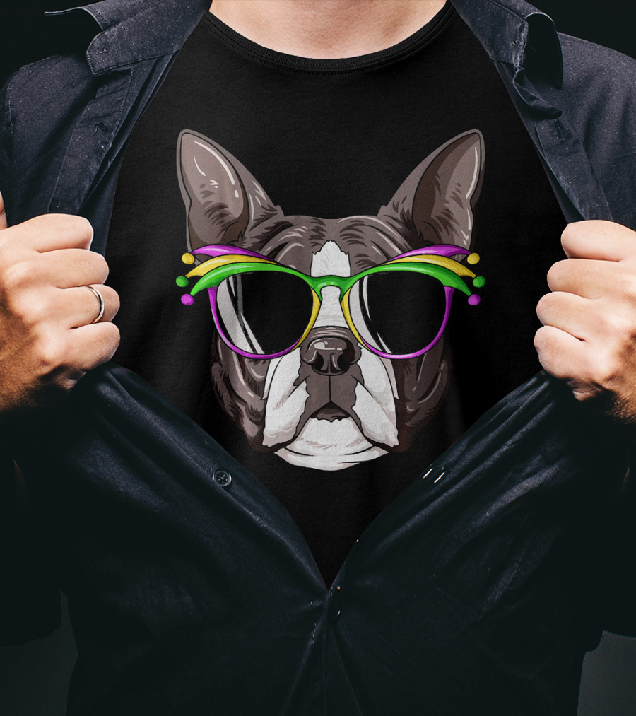 Boston Terrier With Colorful Mardi Gras Carnival Mask Glasses T-Shirt