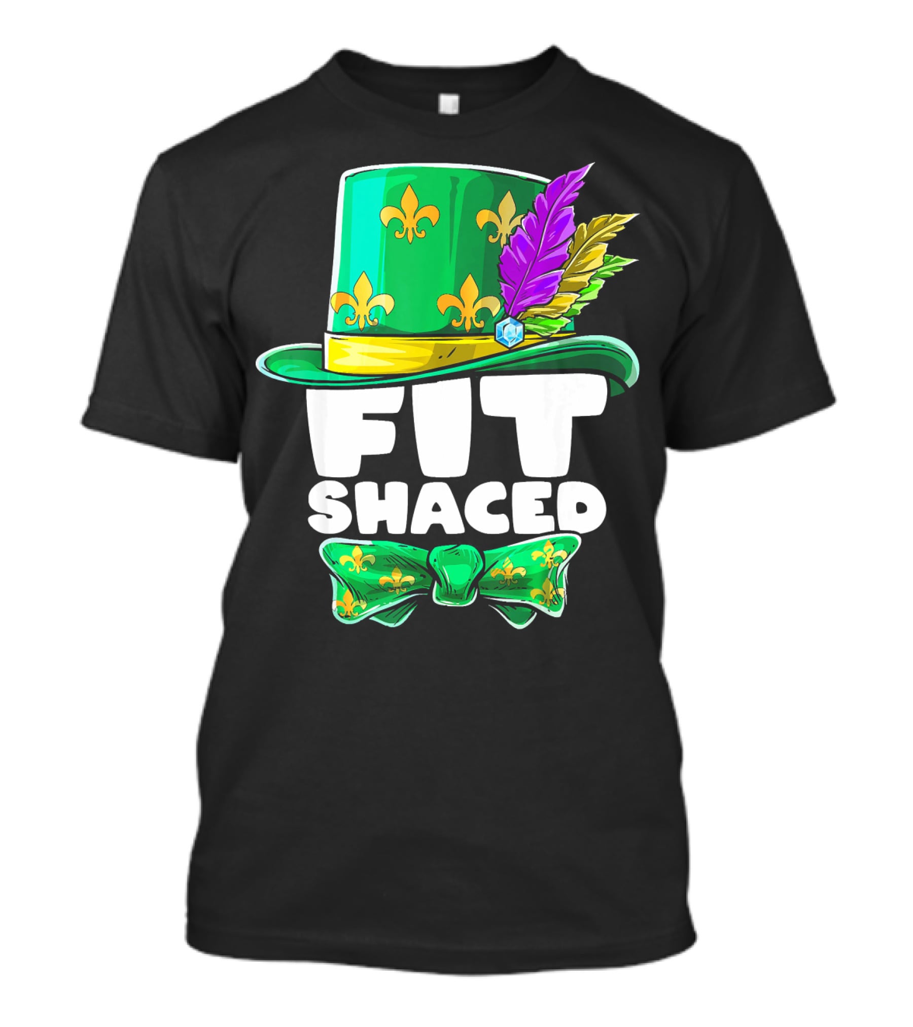 Mardi Gras Fit Shaced Green Hat Fleur-de-Lis Bow Tie Feathers T-Shirt