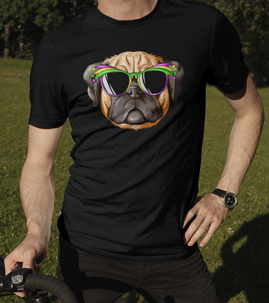 Pug Wearing Mardi Gras Carnival Mask With Colorful Beads And Sunglasses T-Shirt