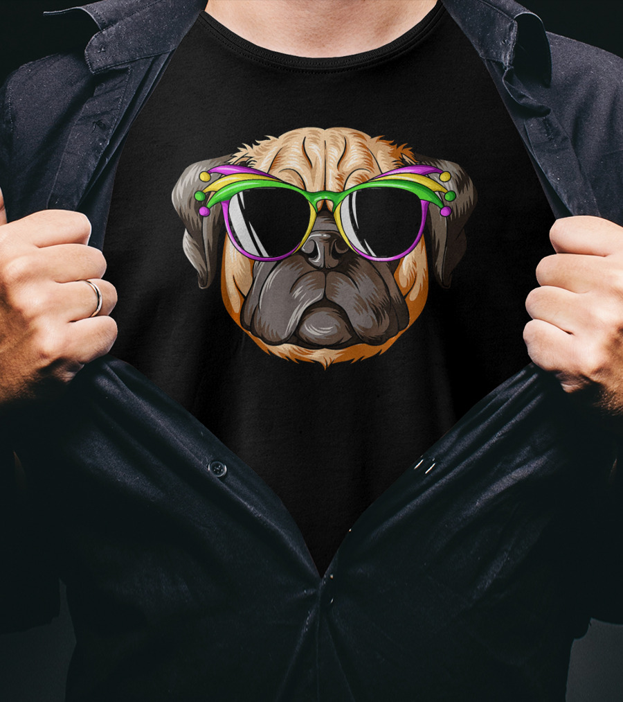 Pug Wearing Mardi Gras Carnival Mask With Colorful Beads And Sunglasses T-Shirt