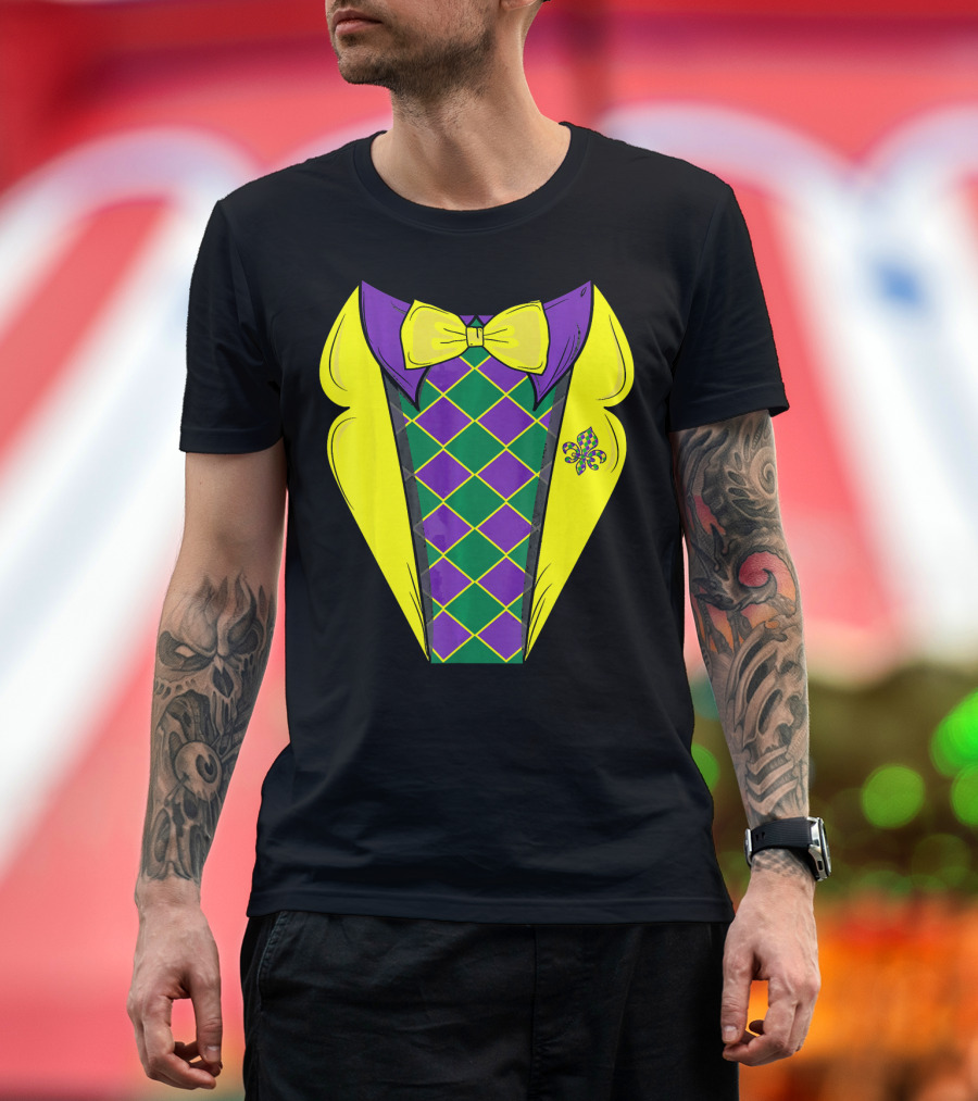 Mardi Gras Tuxedo Funny Party with Yellow Bowtie and Fleur-de-Lis T-Shirt