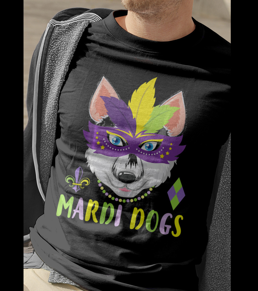 Mardi Dogs Siberian Husky Mask Beads Fleur-de-Lis T-Shirt