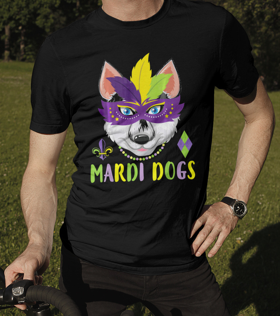 Mardi Dogs Siberian Husky Mask Beads Fleur-de-Lis T-Shirt